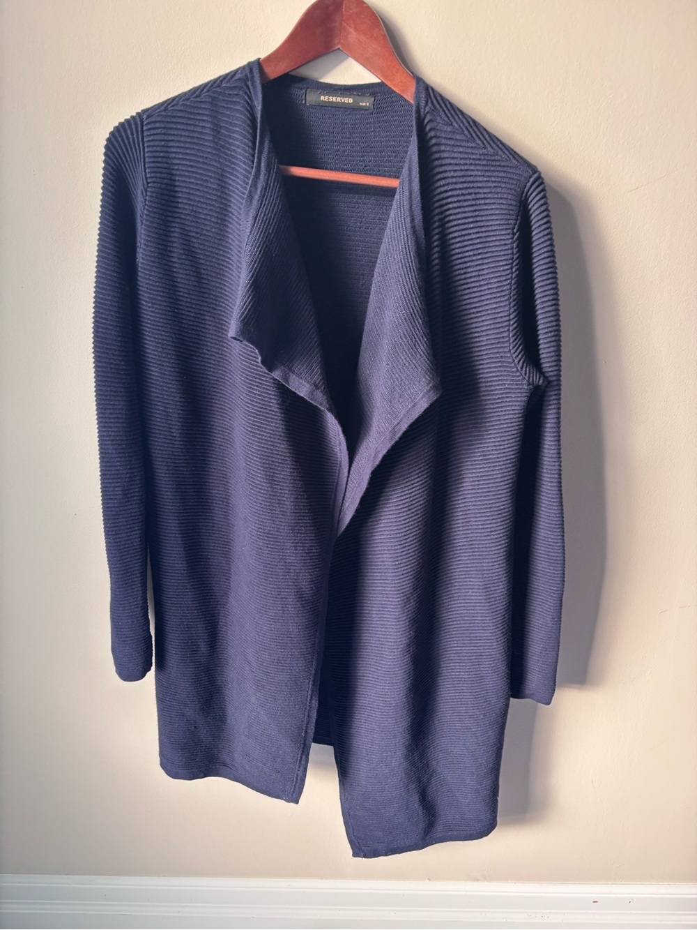 Reserved Navy Draped Open-Front Ribbed Cardigan